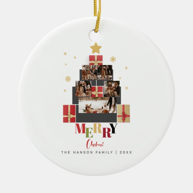 Frohe Weihnachtsbaum Familie Foto Collage Keramik Ornament (Vorne)