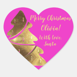 Frohe Weihnachtsbaum Hot Pink und Gold Elegant Herz-Aufkleber