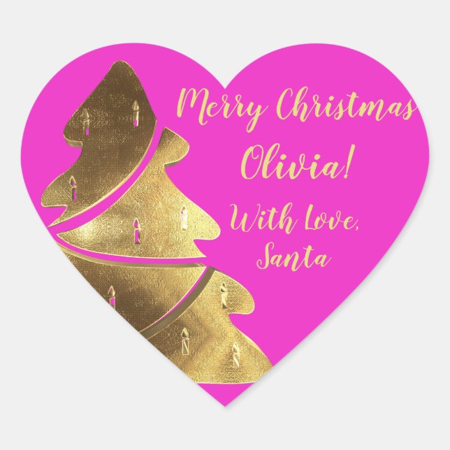 Frohe Weihnachtsbaum Hot Pink und Gold Elegant Herz-Aufkleber (Vorderseite)