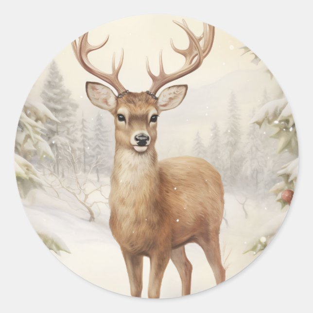 Frohe Weihnachtsbaum im Schneewald Runder Aufkleber (Vorderseite)