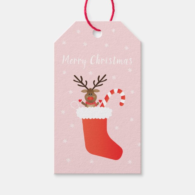 Frohe Weihnachtsbaum in einem Strumpf Red White Geschenkanhänger (Vorderseite)