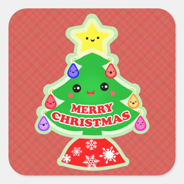Frohe Weihnachtsbaum Kawaii Geschenkaufkleber Quadratischer Aufkleber (Vorderseite)