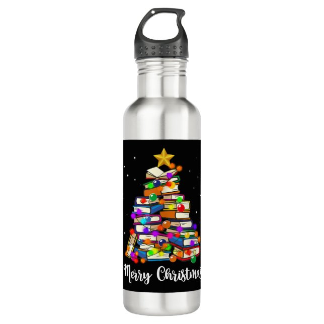 Frohe Weihnachtsbaum lesen Bücher Lover Librarian Edelstahlflasche (Vorderseite)