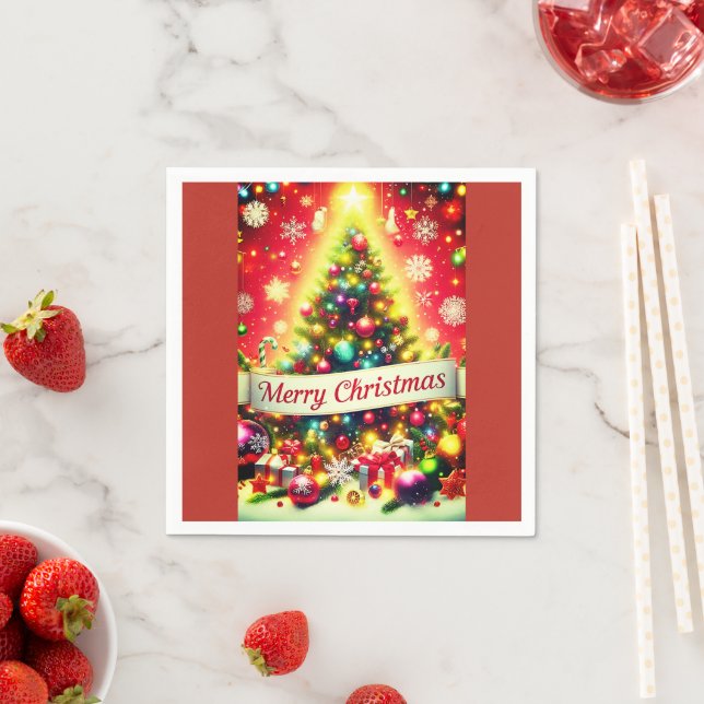 "Frohe Weihnachtsbaum mit farbenfrohen Ornamenten Serviette (Beispiel)