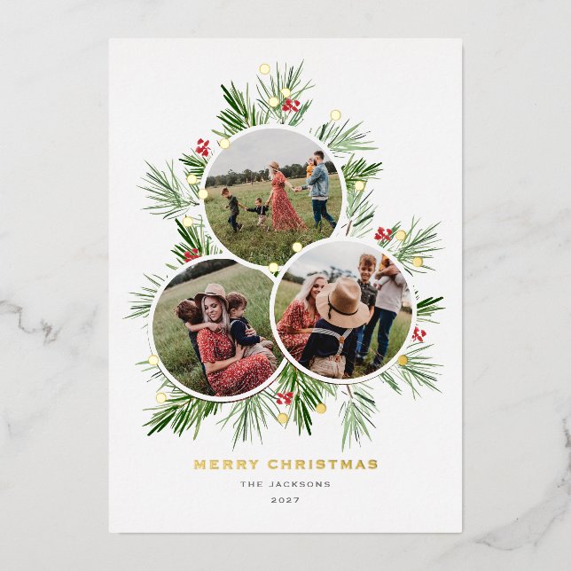 Frohe Weihnachtsbaum Multi-Foto Folien Feiertagskarte (Vorderseite)