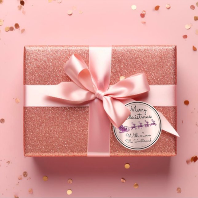 Frohe Weihnachtsbaum Name Rose Santa Sleigh Lila Runder Aufkleber (Merry Christmas Tree Name Rose Santa Sleigh Purple Classic Round Sticke)