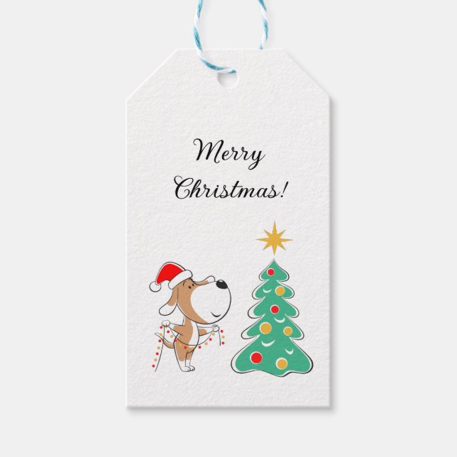 Frohe Weihnachtsbaum Niedliche Welpe Hund Weihnach Geschenkanhänger (Vorderseite)