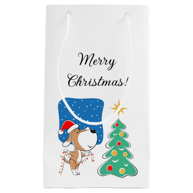Frohe Weihnachtsbaum Niedliche Welpe Hund Weihnach Kleine Geschenktüte (Vorderseite)