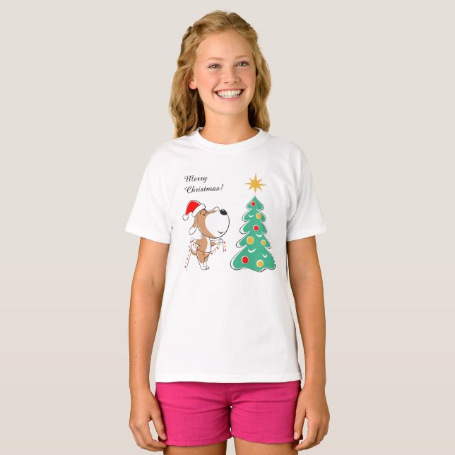 Frohe Weihnachtsbaum Niedliche Welpe Hund Weihnach T-Shirt (Vorne ganz)