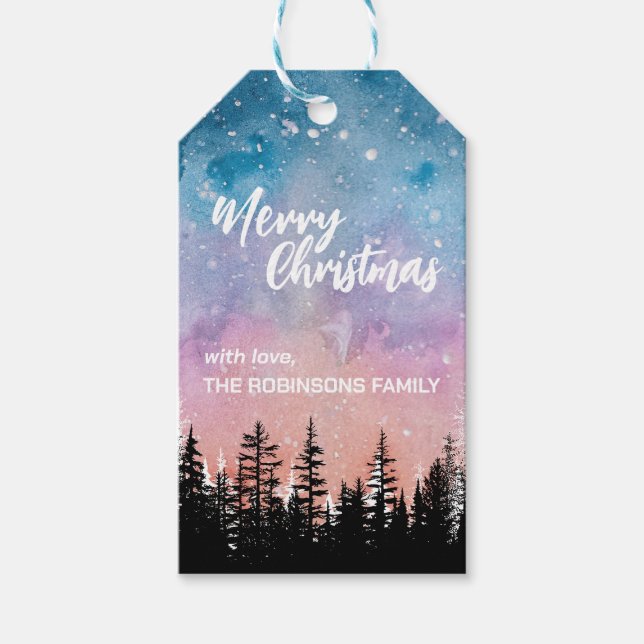 Frohe Weihnachtsbaum Night Gradienten Skript Wald Geschenkanhänger (Vorderseite)