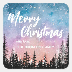 Frohe Weihnachtsbaum Night Gradienten Skript Wald Quadratischer Aufkleber