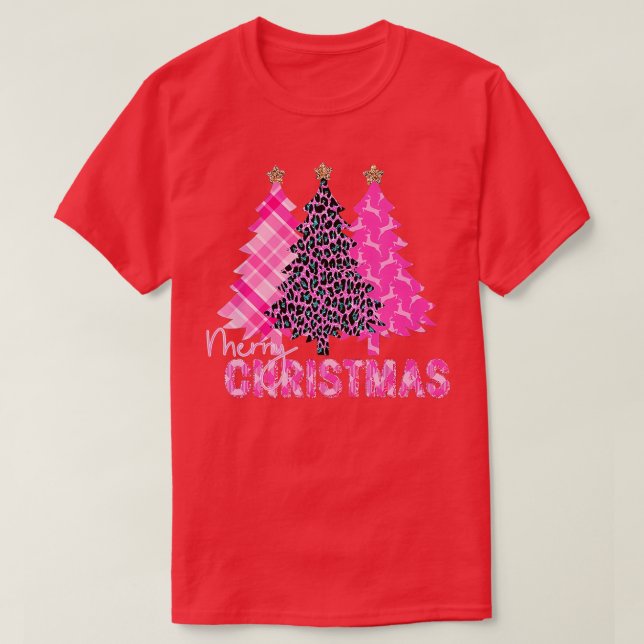 Frohe Weihnachtsbaum Pink Buffalo Kariert und Leop T-Shirt (Design vorne)