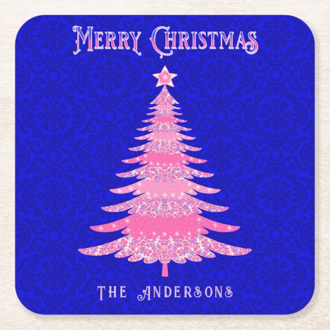 Frohe Weihnachtsbaum Pink Personalisierte Schneefl Rechteckiger Pappuntersetzer (Vorderseite)