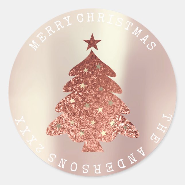 Frohe Weihnachtsbaum Pink Rose Gold Pearly Pastel Runder Aufkleber (Vorderseite)