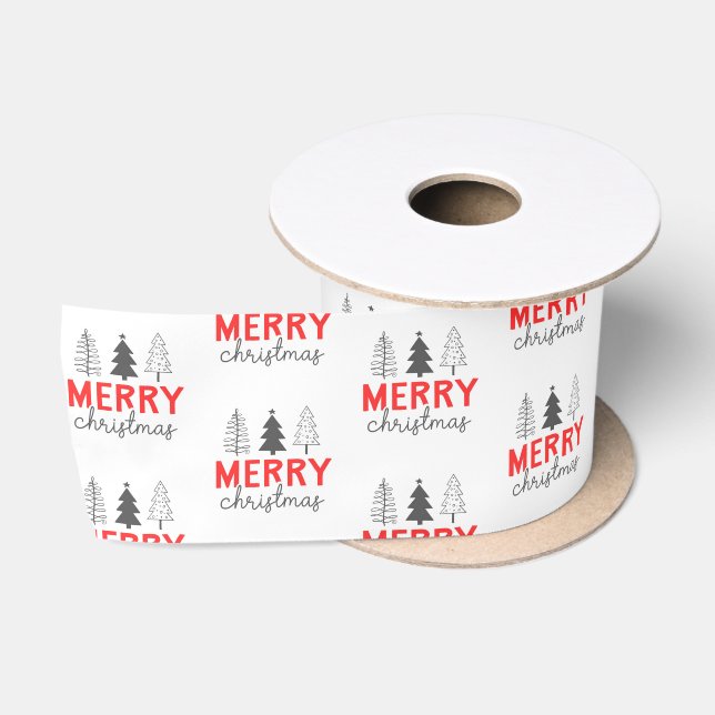 Frohe Weihnachtsbaum Red Gray Satinband (Spule)