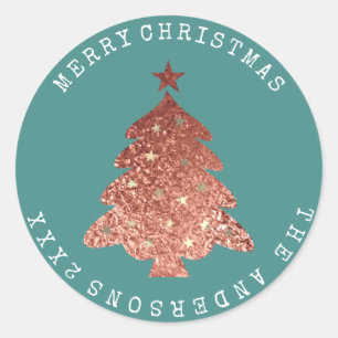 Frohe Weihnachtsbaum Rose Gold Aquamarine Pastel Runder Aufkleber