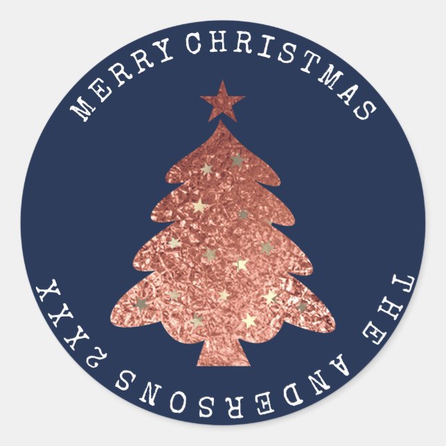 Frohe Weihnachtsbaum Rose Gold Blue Navy Runder Aufkleber (Vorderseite)