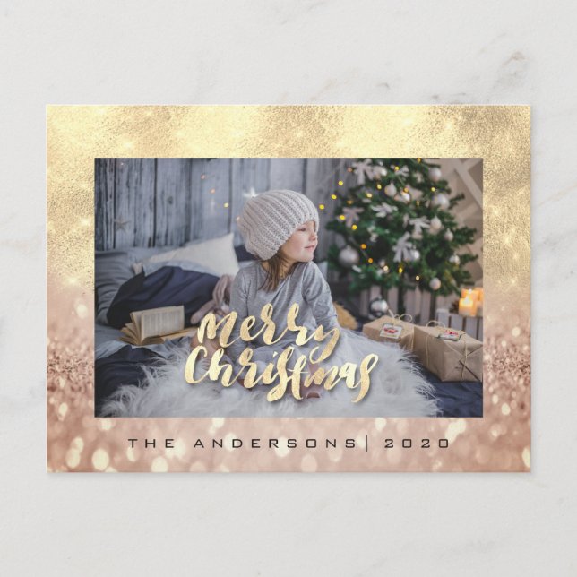 Frohe Weihnachtsbaum Rose Gold Spark Foto Glitzer Postkarte (Vorderseite)