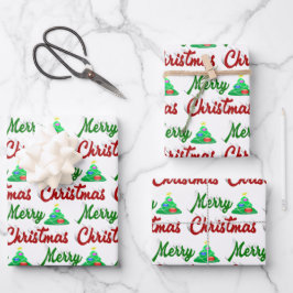 Frohe Weihnachtsbaum rote grüne Schrift Geschenkpapier Set