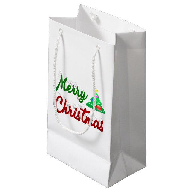 Frohe Weihnachtsbaum rote grüne Schrift Kleine Geschenktüte (Vorderseite Schrägansicht)