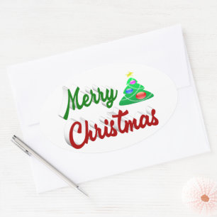 Frohe Weihnachtsbaum rote grüne Schrift Ovaler Aufkleber