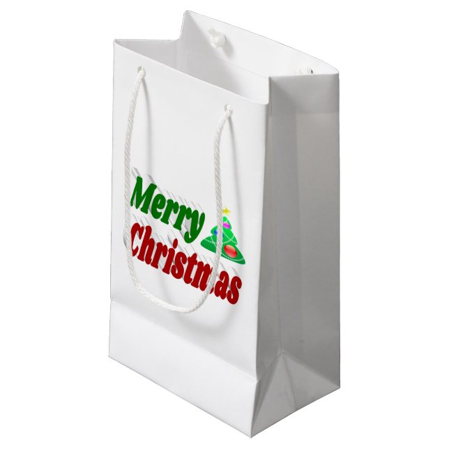 Frohe Weihnachtsbaum rote grüne Typografie Kleine Geschenktüte (Vorderseite Schrägansicht)