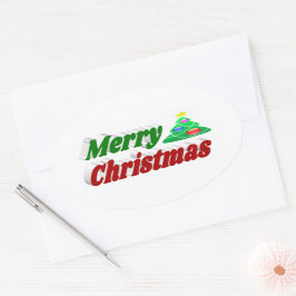Frohe Weihnachtsbaum rote grüne Typografie Ovaler Aufkleber