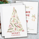 Frohe Weihnachtsbaum Rustikale Pine und Holly Berr Feiertagskarte<br><div class="desc">Personalisierte Weihnachtskarte mit einem rustikalen, natürlichen Thema in Rot, Grün und Gold. Das Design umfasst Weihnachtsgrün mit Kiefernnadeln und Kiefernzapfen, heilige und heilige Beeren sowie traditionelle Weihnachtsschmuck und Sterne. Die Formulierung "Frohe Weihnachten" bildet die Grundlage des Weihnachtsbaumes. Die Rückseite der Karte hat Wünsche von Frieden Liebe und Freude, die Sie...</div>