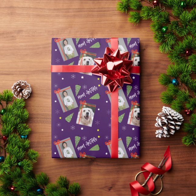 Frohe Weihnachtsbaum Schneeflocken Lila 2 Fotos Geschenkpapier (Feiertagsgeschenk)
