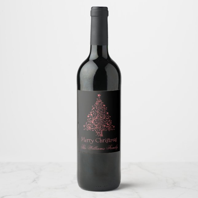 Frohe Weihnachtsbaum Schwarz Rot Elegant Weinetikett (Vorderseite)