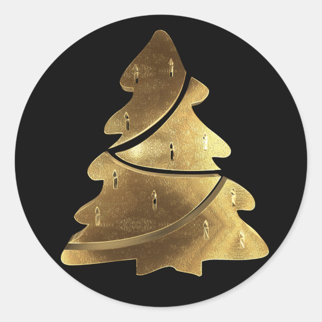 Frohe Weihnachtsbaum Schwarz und Gold Elegant Runder Aufkleber (Vorderseite)