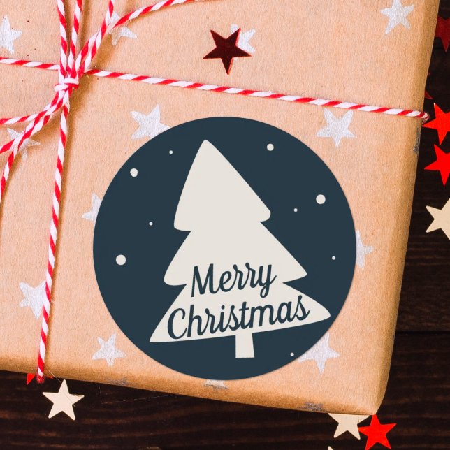 Frohe Weihnachtsbaum Silhouette klassisch blau Runder Aufkleber (Von Creator hochgeladen)