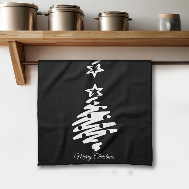 Frohe Weihnachtsbaum Silhouette Schwarzer Feiertag Geschirrtuch (Merry Christmas Tree Silhouette Black Holiday Kitchen Towel)