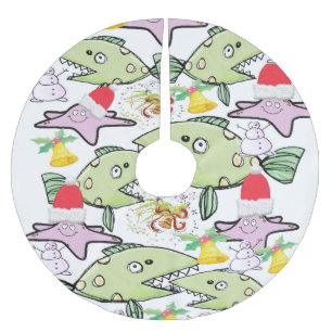 Frohe Weihnachtsbaum Skirt Santa Hut, Fisch Ozean Polyester Weihnachtsbaumdecke