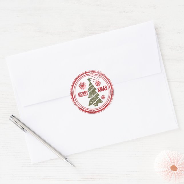 Frohe Weihnachtsbaum Snowflake Postmark Runder Aufkleber (Umschlag)