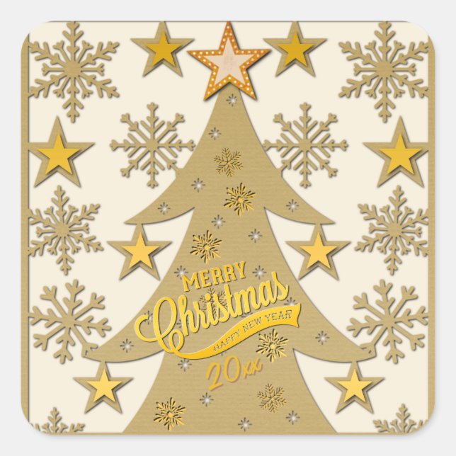 Frohe Weihnachtsbaum, Snowflake & Star-Silhouetten Quadratischer Aufkleber (Vorderseite)