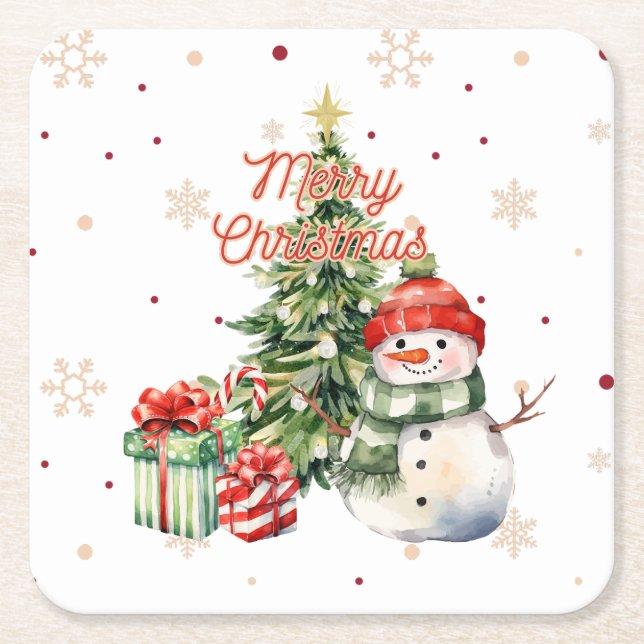 Frohe Weihnachtsbaum Snowman und Geschenke Rechteckiger Pappuntersetzer (Vorderseite)