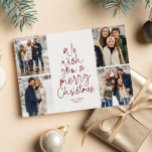 Frohe Weihnachtsbaum Spaß Foto Collage Maroon rot Feiertagskarte<br><div class="desc">Wir wünschen Ihnen frohe Weihnachten! Diese Urlaubsfotokarte enthält eine klassische Urlaubsbotschaft in einer lustigen Weihnachtsbaumform in rot auf weißem Hintergrund. Mit vier Fotos vorne ist es eine großartige Möglichkeit, Freunden und Familie Weihnachtsjubeln zu schenken. Die spielerische Typenbearbeitung ist wie ein Weihnachtsbaum geformt und mit schneebedeckten Fesseln versehen. Der Rücken ist...</div>
