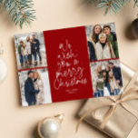 Frohe Weihnachtsbaum Spaß vier Foto Collage rot Feiertagskarte<br><div class="desc">Wir wünschen Ihnen frohe Weihnachten! Diese Urlaubsfotokarte enthält eine klassische Urlaubsbotschaft in einer lustigen Weihnachtsbaumform auf festlichem rotem Hintergrund. Mit vier Fotos vorne ist es eine großartige Möglichkeit, Freunden und Familie Weihnachtsjubeln zu schenken. Die spielerische Typenbearbeitung ist wie ein Weihnachtsbaum geformt und mit schneebedeckten Fesseln versehen. Der Rücken ist ein...</div>