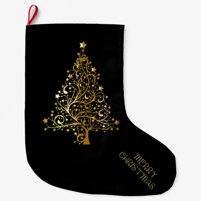 Frohe Weihnachtsbaum Stars Black Gold Shiny Chic Großer Weihnachtsstrumpf (Vorderseite)
