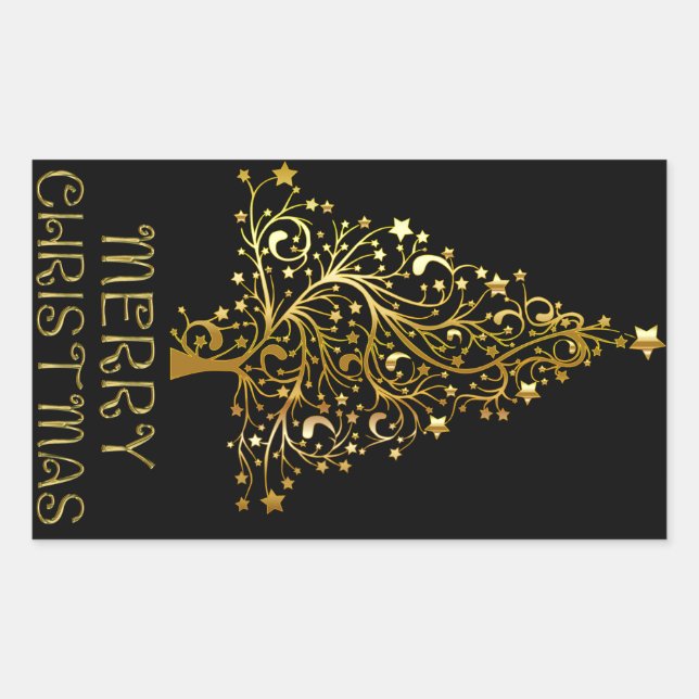 Frohe Weihnachtsbaum Stars Black Gold Shiny Chic Rechteckiger Aufkleber (Vorderseite)