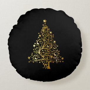 Frohe Weihnachtsbaum Stars Black Gold Shiny Chic Rundes Kissen