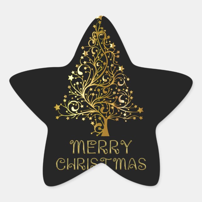 Frohe Weihnachtsbaum Stars Black Gold Shiny Chic Stern-Aufkleber (Vorderseite)