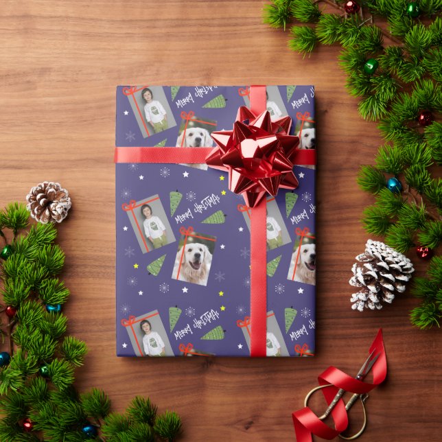 Frohe Weihnachtsbaum Sterne Schneeflocken 2 Fotos Geschenkpapier (Feiertagsgeschenk)
