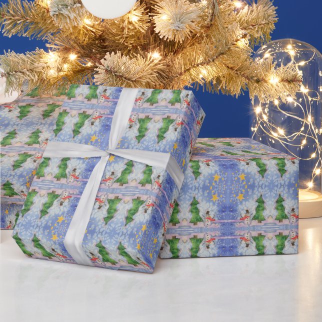 Frohe Weihnachtsbaum und frostige Snowman Wasserfa Geschenkpapier (Feiertage)
