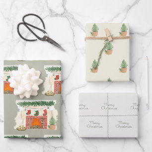 Frohe Weihnachtsbaum und gemütlicher Kamin Geschenkpapier Set