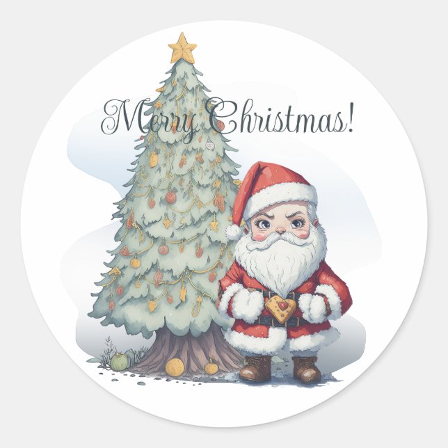 Frohe Weihnachtsbaum und Weihnachtsmann Runder Aufkleber (Vorderseite)