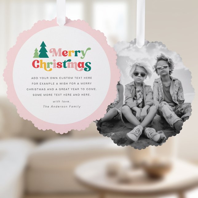 Frohe Weihnachtsbäume bunt Retro-Foto Ornament Karte (Merry Christmas trees colorful retro photo Ornament Card)