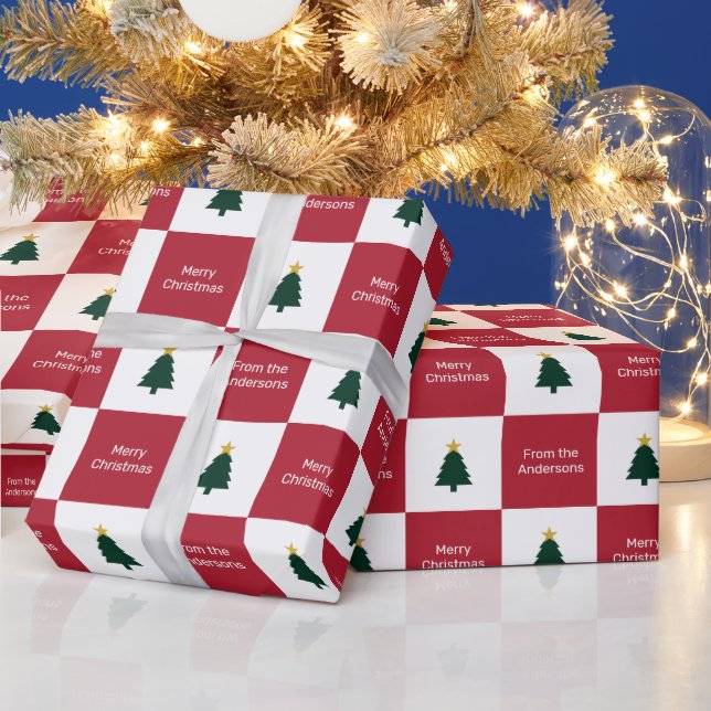 Frohe Weihnachtsbäume grün rot von Namen Geschenkpapier (Feiertage)