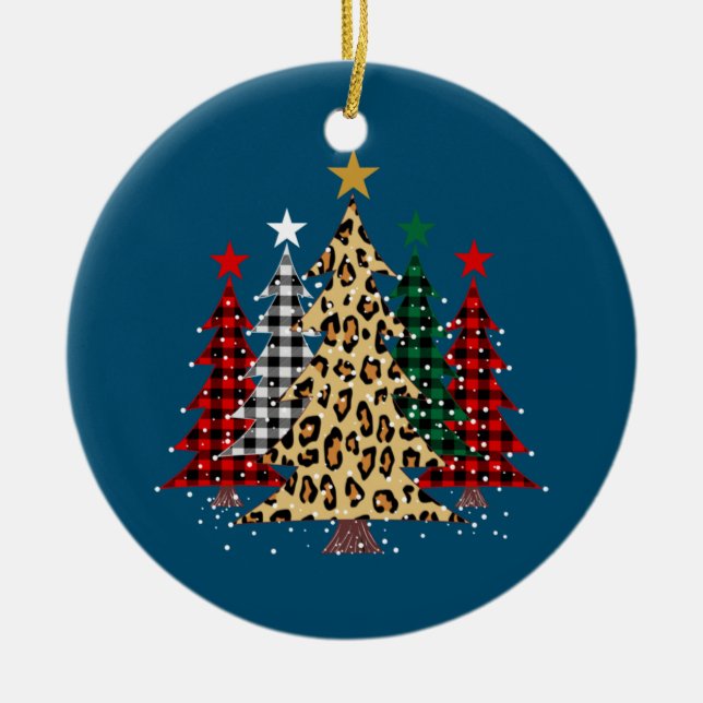 Frohe Weihnachtsbäume mit Buffalo Kariert & Leopar Keramik Ornament (Vorne)